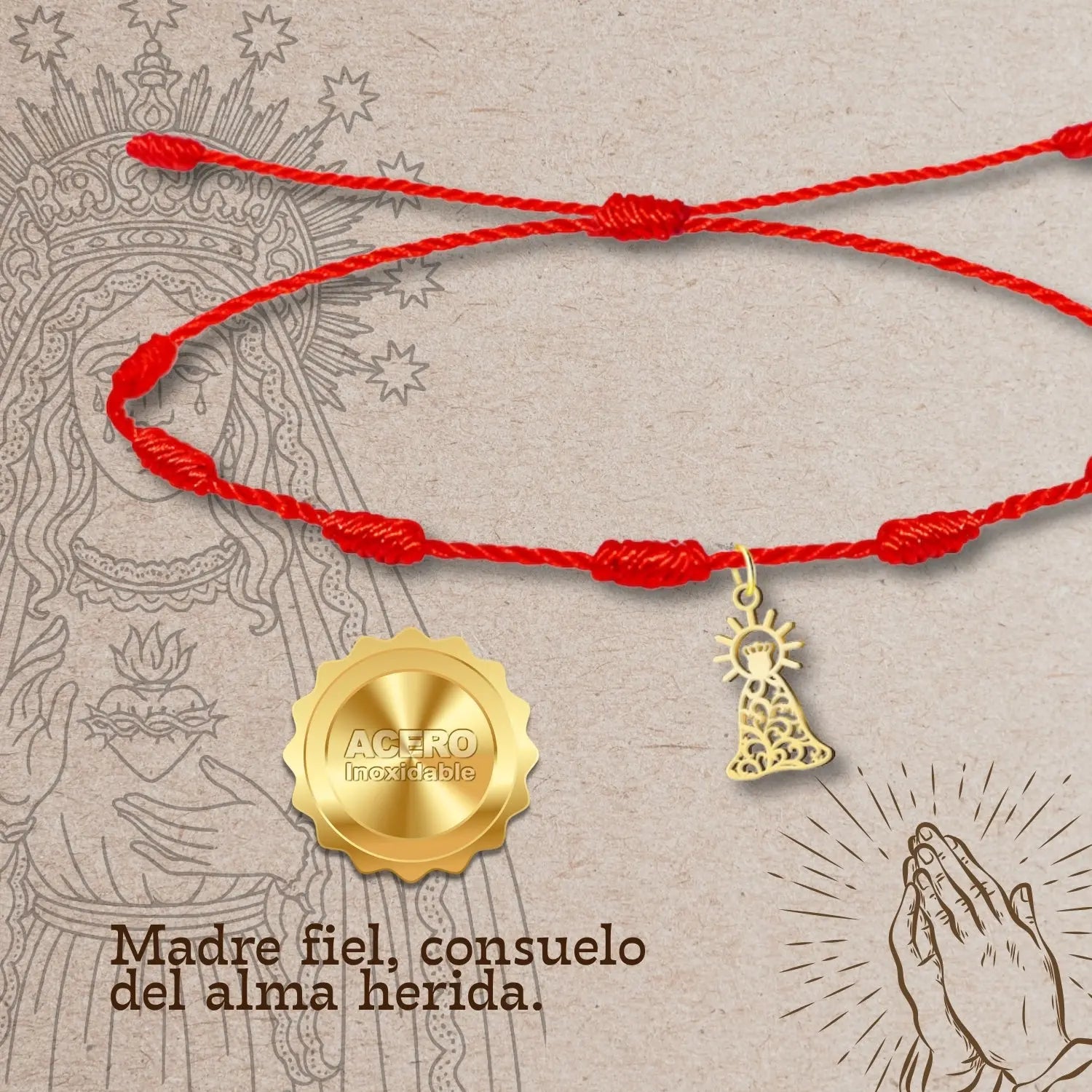 Pulsera 7 Nudos Virgen de la Esperanza Macarena Acero Dorado detalle