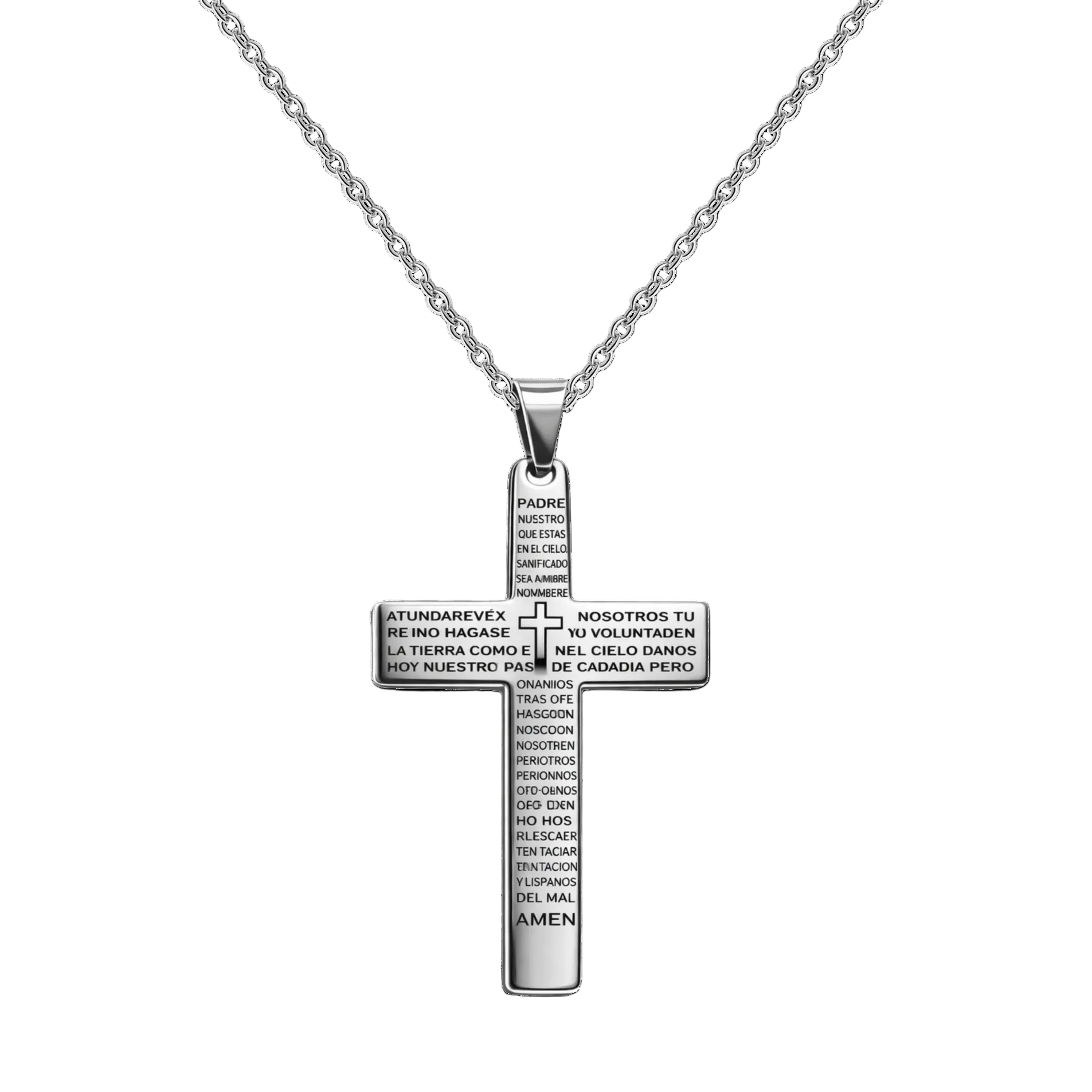 Medalla religiosa tipo cruz con oración del Padre Nuestro grabada en acero