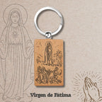 Llavero de Virgen de Fátima en Madera Natural acabado