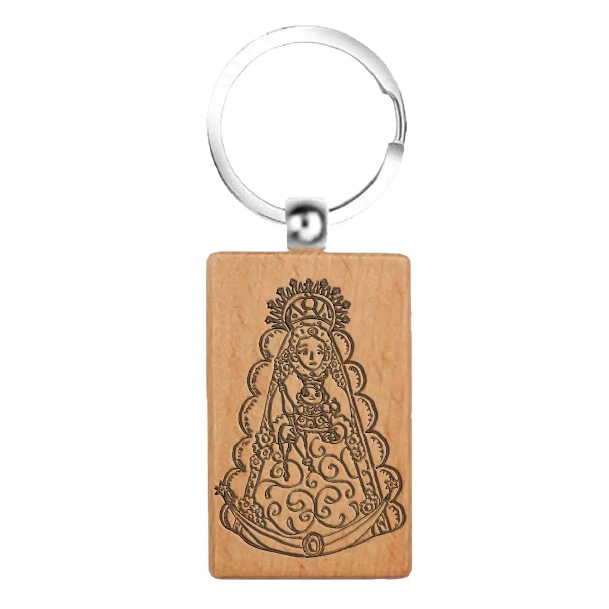 Llavero rectangular de madera natural con grabado láser de la Virgen del Rocío y anilla metálica