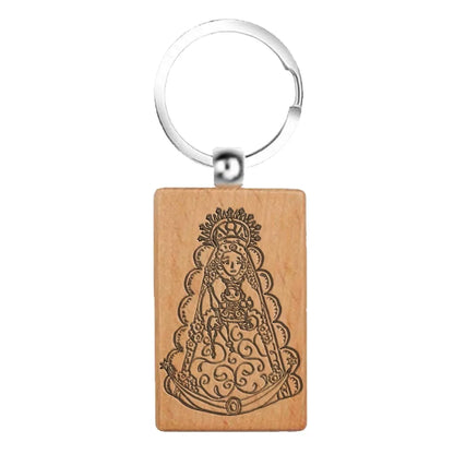 Llavero rectangular de madera natural con grabado láser de la Virgen del Rocío y anilla metálica