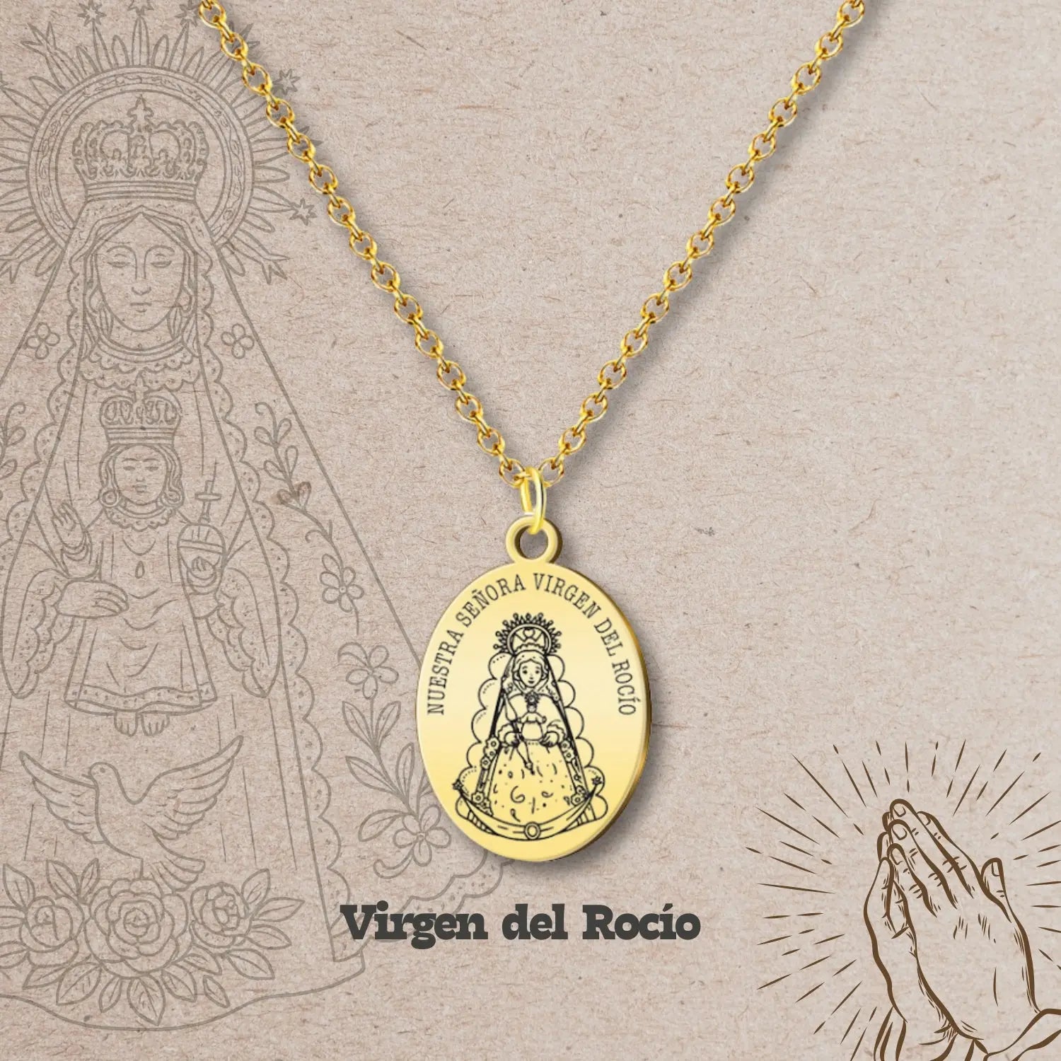 Colgante Medalla Virgen del Rocío Acero Dorado - cotigo