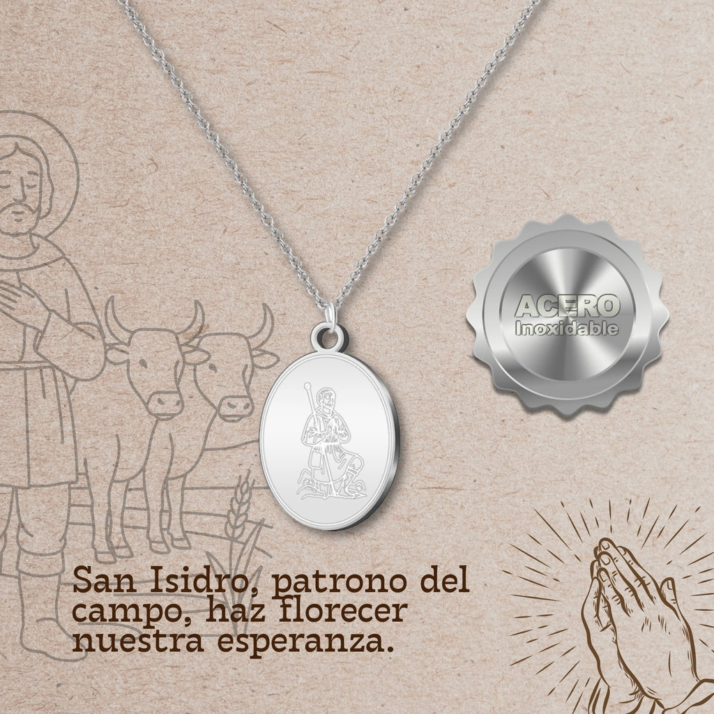 Colgante Medalla de San Isidro en Acero Plateado cotigo