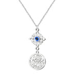 Collar en acero plateado con doble colgante: Nudo de Bruja con Ojo Turco (arriba) y Tetragrammatón diseño calado (abajo).