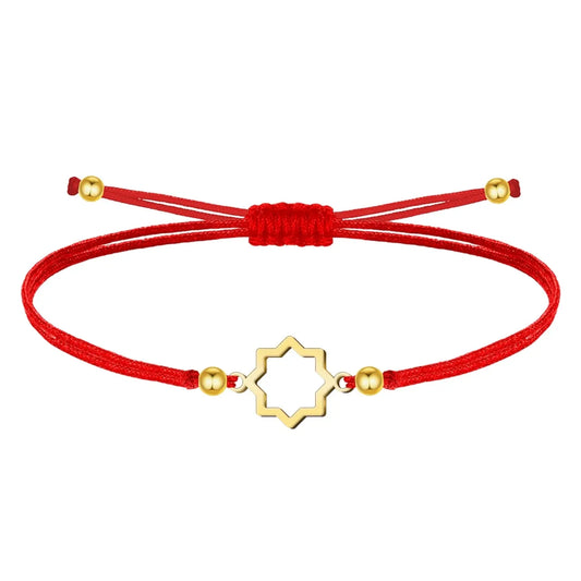 Pulsera de hilo rojo con estrella mudéjar en acero dorado