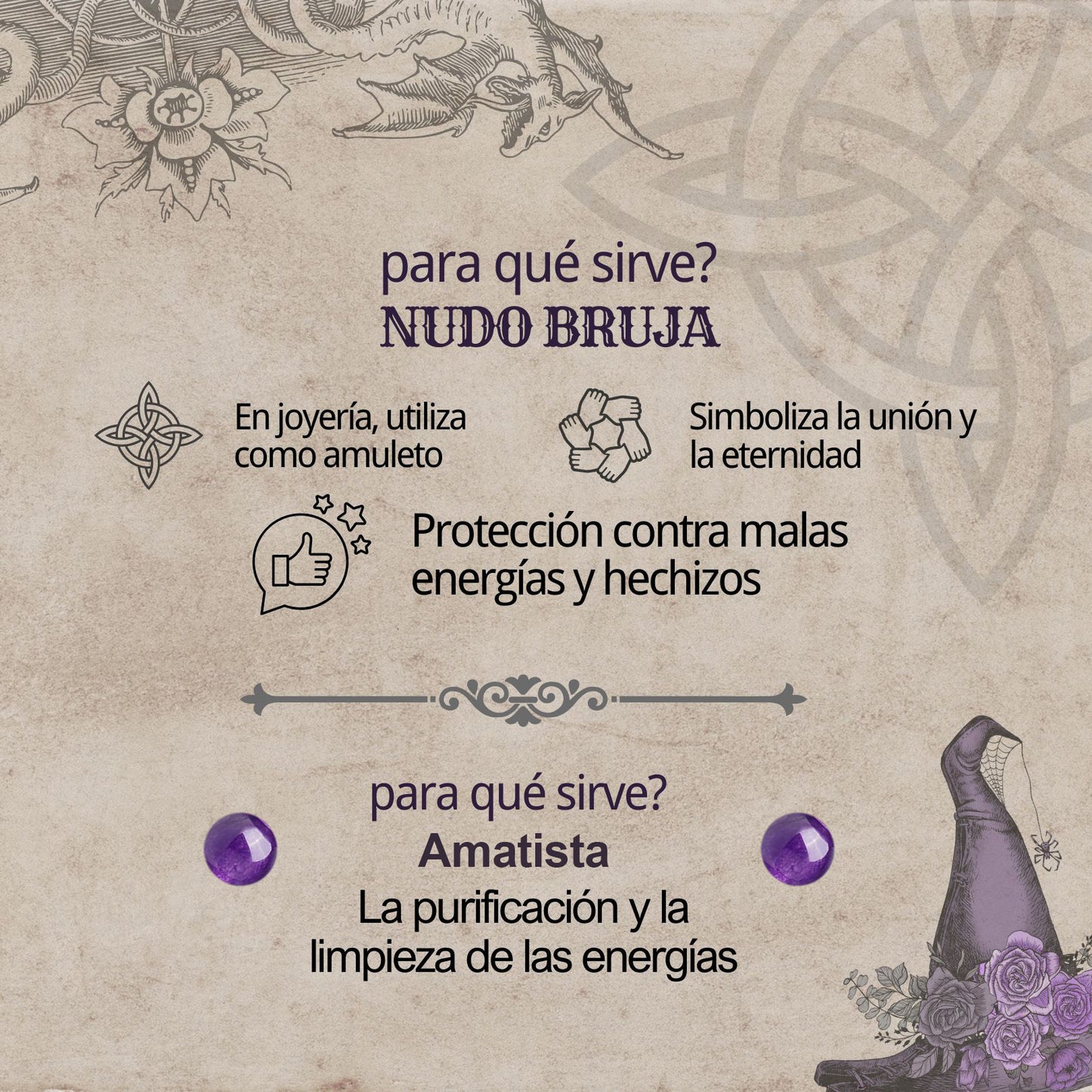 Colgante Nudo bruja Acero con Amatista