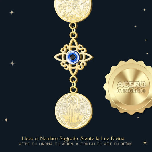 Collar Triple Protección Dorado: Tetragrammaton, Nudo de Bruja con Ojo Turco y San Benito - cotigo