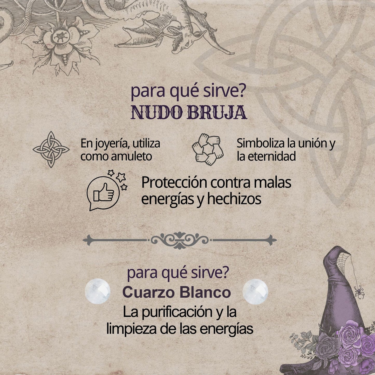 Colgante Nudo bruja Acero con Cuarzo Blanco