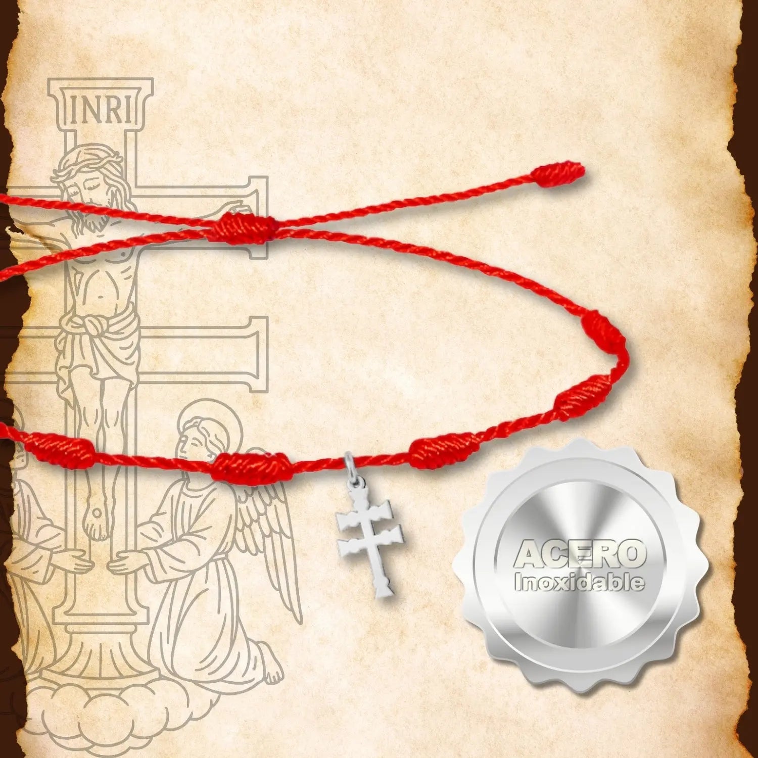 Pulsera 7 nudos con Cruz de Caravaca en Acero Plateado - cotigo