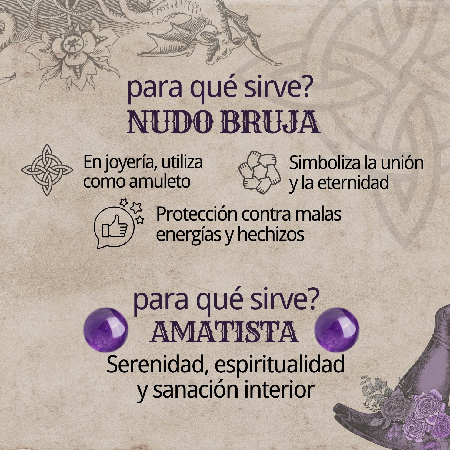 Colgante Nudo de Bruja con Amatista en Acero Dorado cotigo