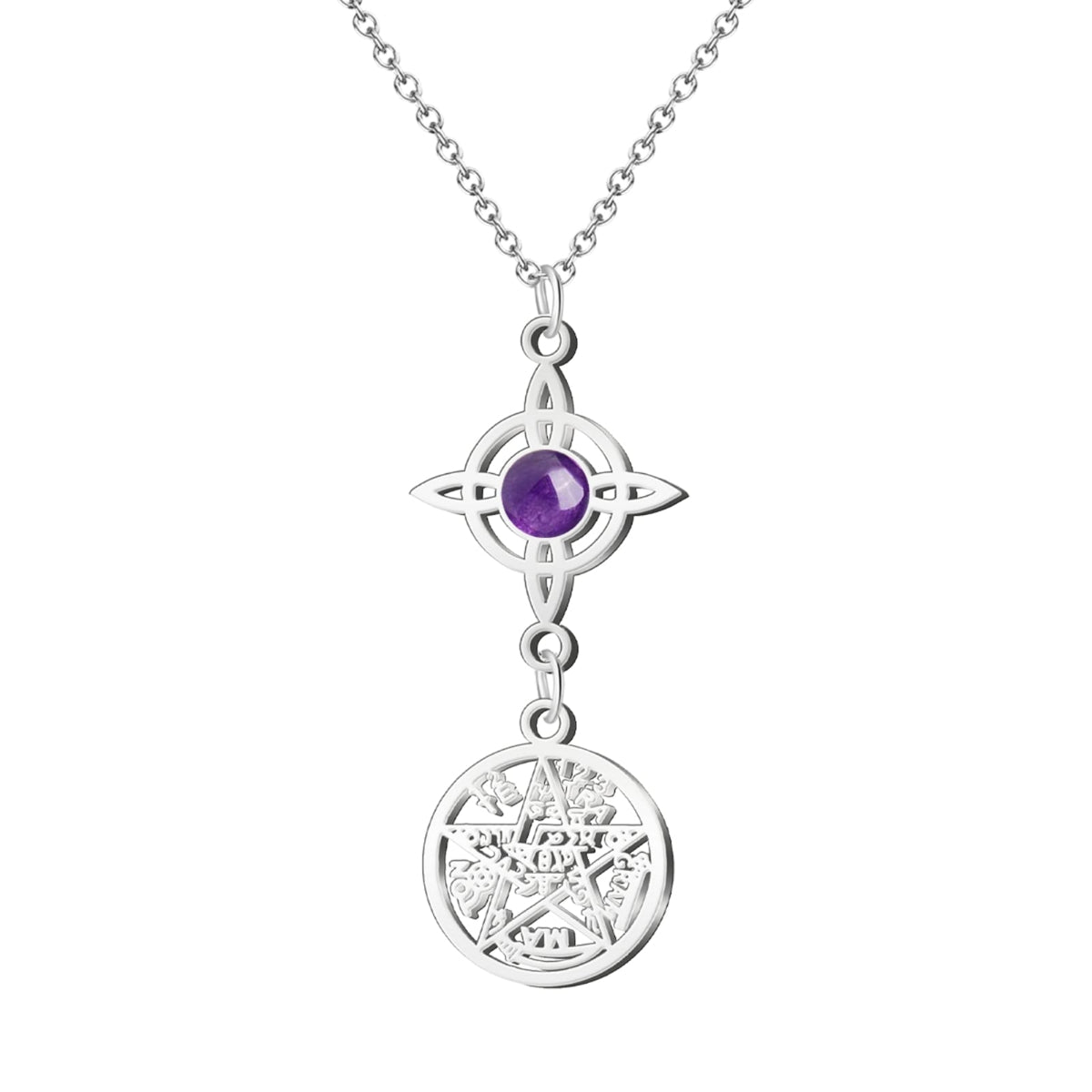 Colgante de acero plateado con Nudo de Bruja conteniendo una piedra Amatista natural (violeta) y medalla del Tetragrammatón. Amuleto de transmutación energética y protección espiritual.