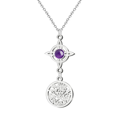 Colgante Tetragrammatón con Nudo de Bruja y Amatista – Paz Interior, Intuición y Protección en Acero Inoxidable