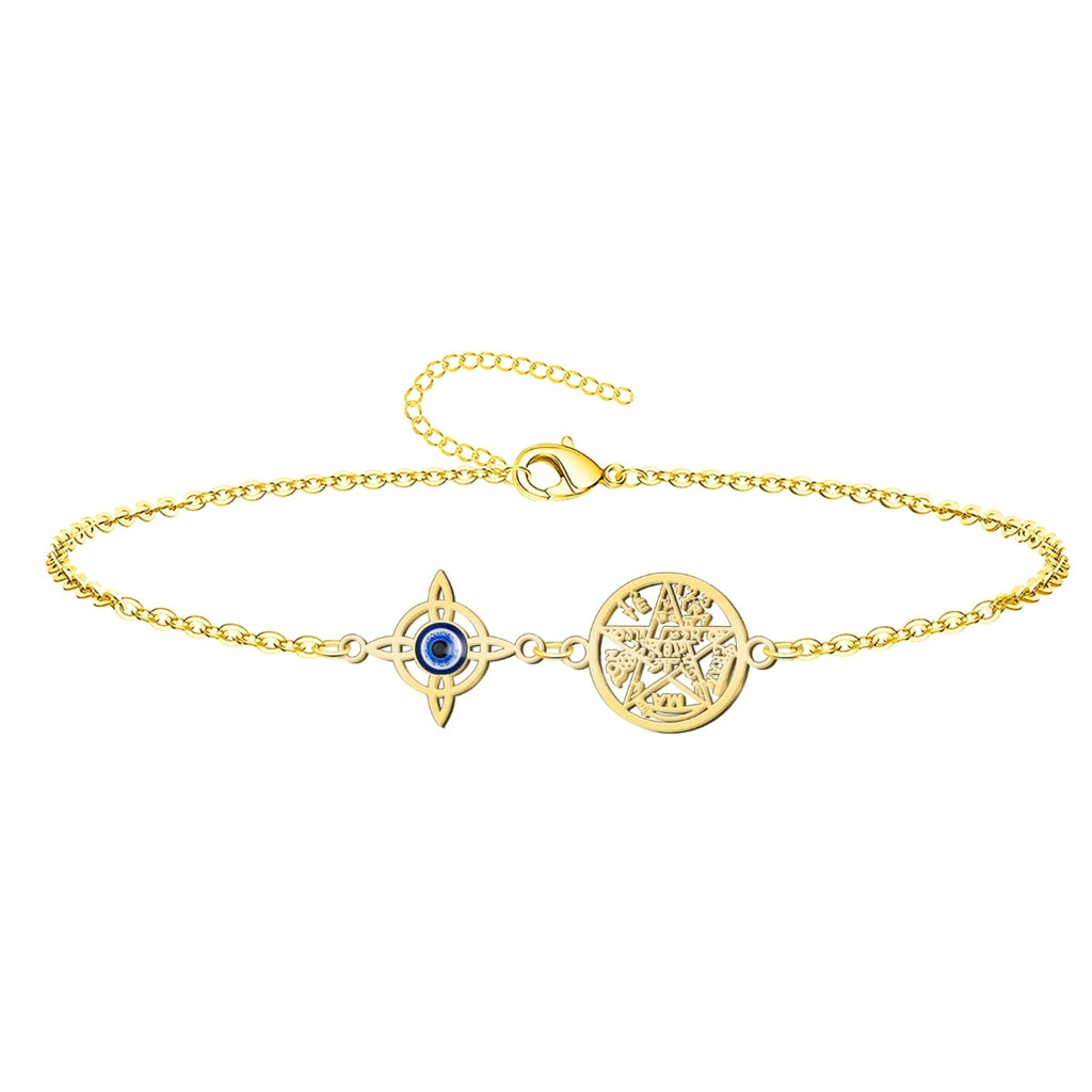 Pulsera de acero inoxidable dorado con dos amuletos colgantes: un Nudo de Bruja con Ojo Turco azul vibrante y el medallón del Tetragrammaton.