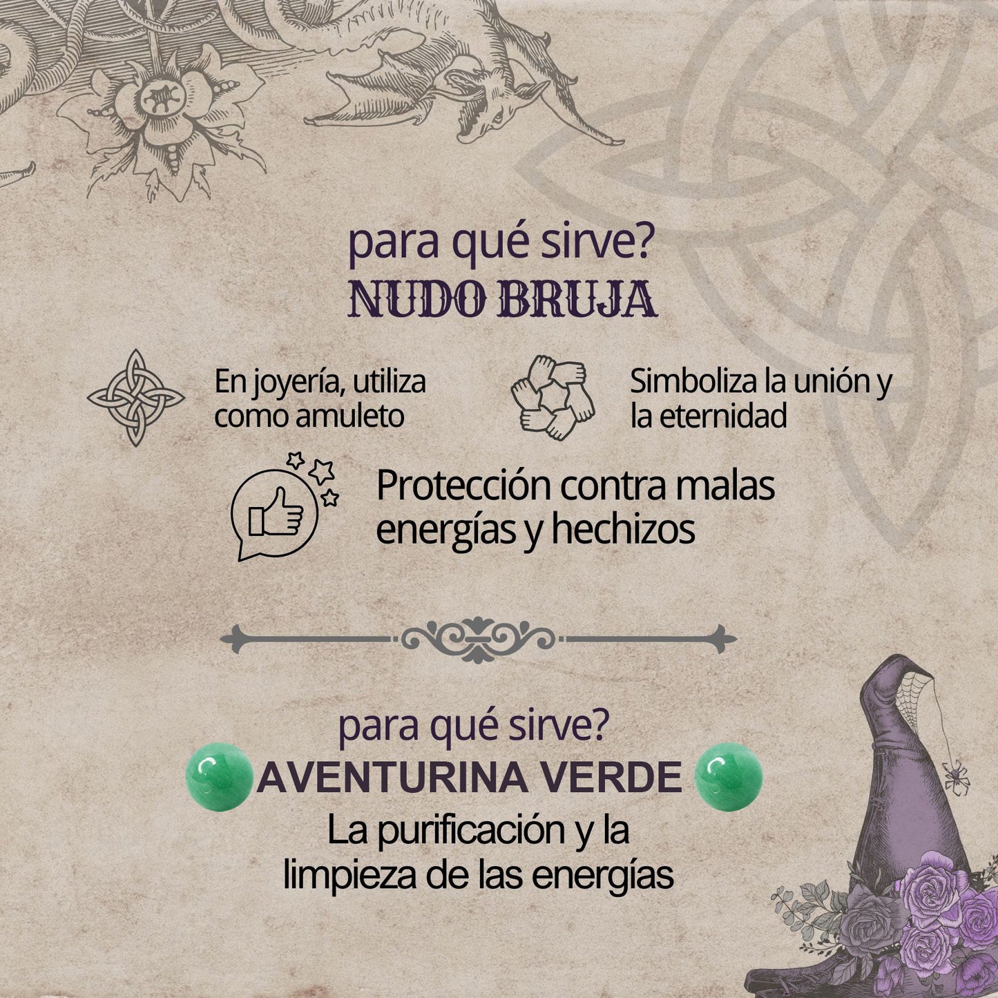 Colgante Nudo bruja Acero con Aventurina Verde