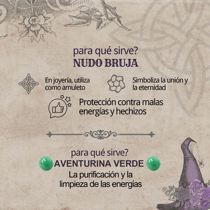 Colgante Nudo bruja Acero con Aventurina Verde