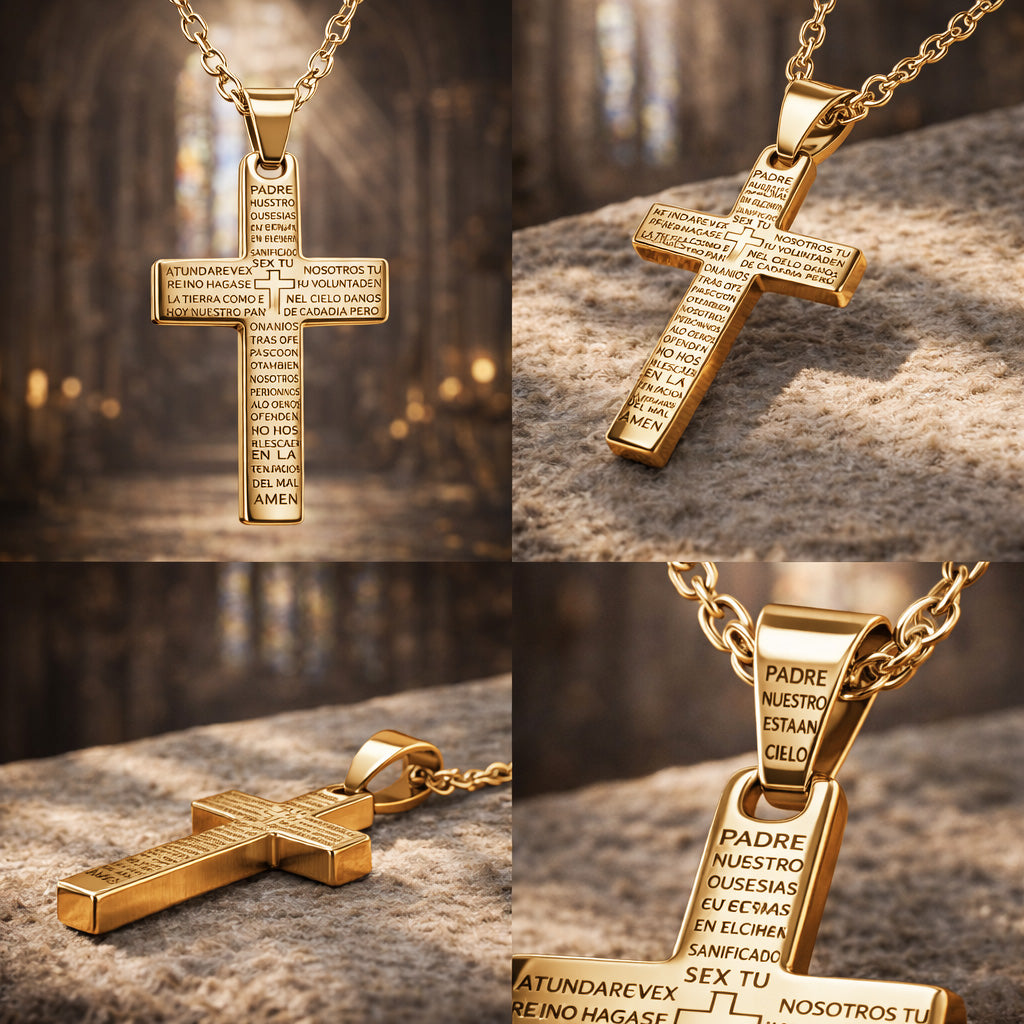Collar con Cruz y Oración del Padre Nuestro en Acero Dorado cotigo