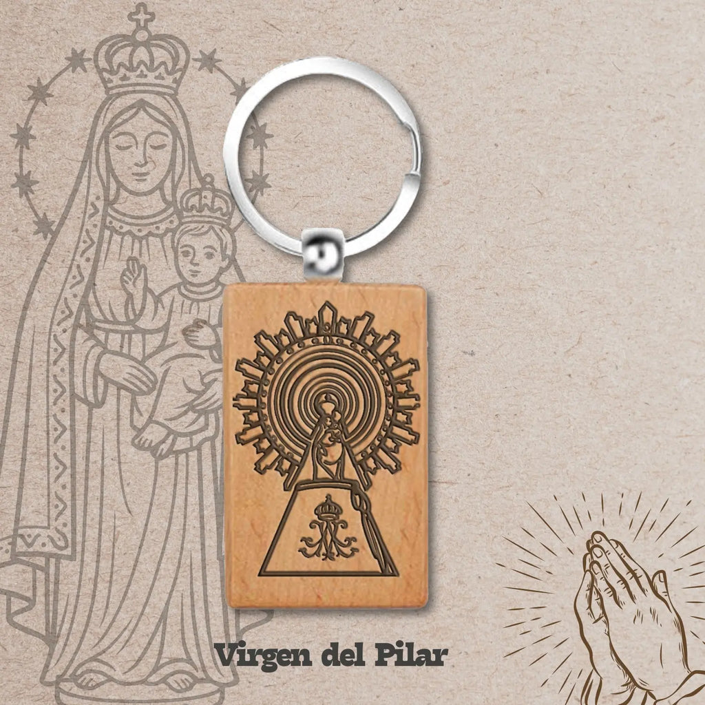 Llavero de Virgen del Pilar en Madera Natural acabado