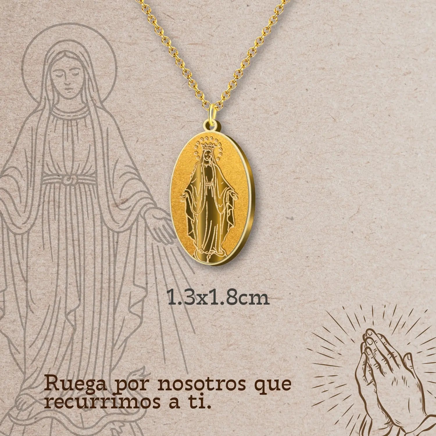 Collar Medalla Milagrosa en Acero Dorado detalle