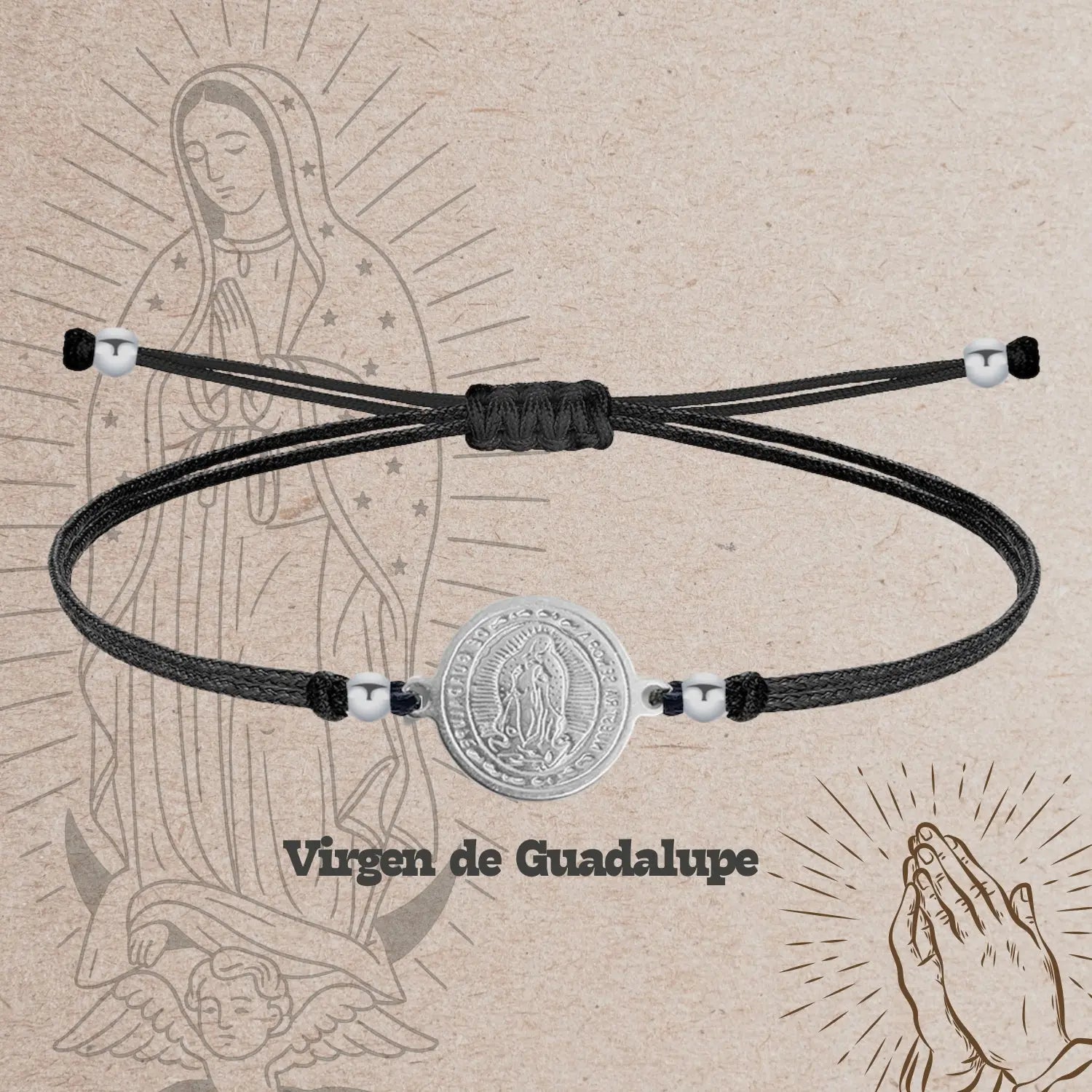 Pulsera Hilo Negro Virgen de Guadalupe en Acero Plateado - cotigo