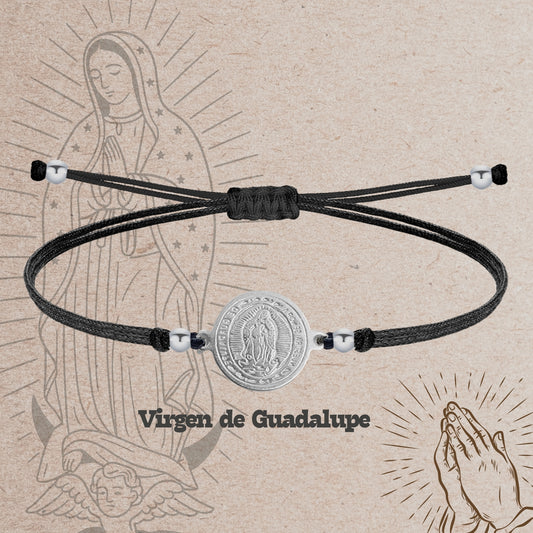 Pulsera Hilo encerado Negro-Virgen Guadalupe Plateado