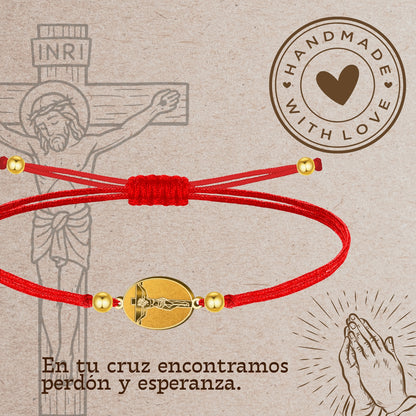 Pulsera Hilo Encerado con Jesús Crucificado color Dorado