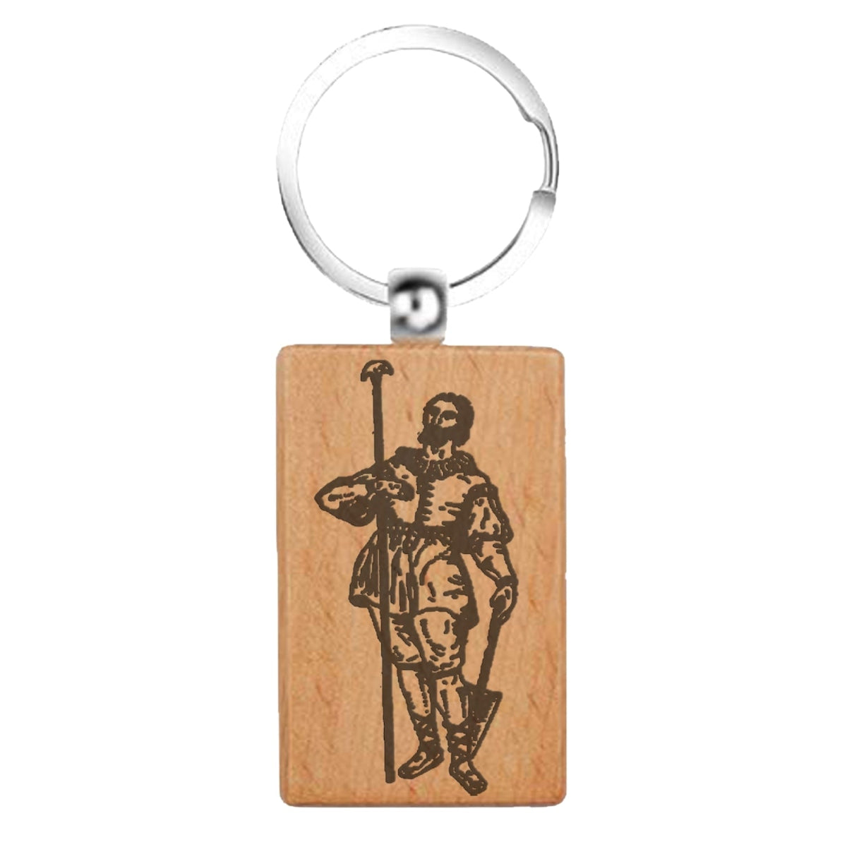 Llavero rectangular de madera natural con grabado láser de San Isidro Labrador. Diseño rústico y ligero, ideal para agricultores y devotos del patrón de Madrid.