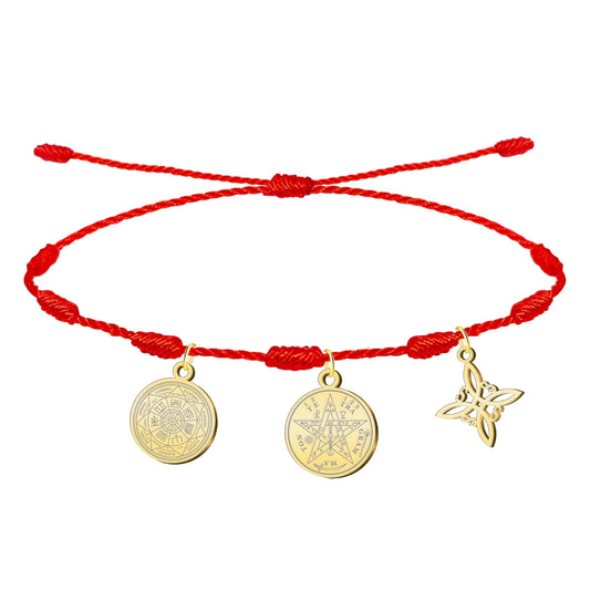 Pulsera 7 nudos con Nudo de Bruja y Tetragramatón, y 7 Arcángeles Dorado Acero Inoxidable