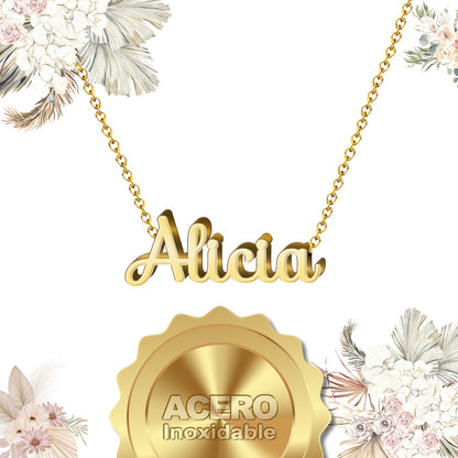 Collar con Nombre en Acero Inoxidable, Color Dorado, Incluye Tarjeta con el Significado de 60 Nombres + Caja de Regalo  y Pulsera 7 Nudos de Regalo