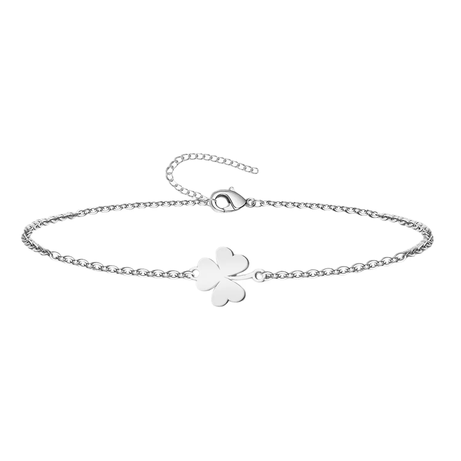 Pulsera trébol de tres hojas en acero inoxidable plateado con cadena fina