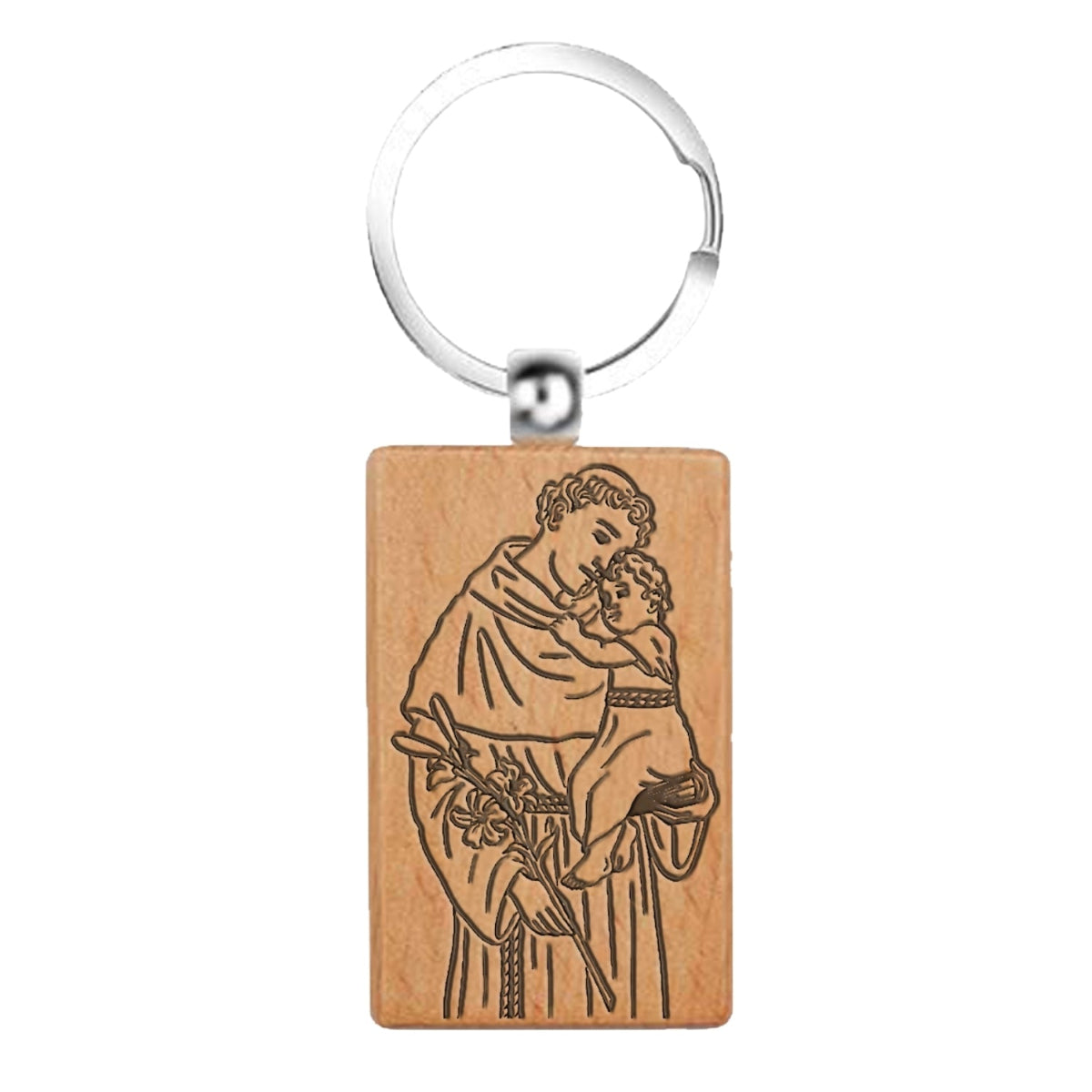 Llavero rectangular de madera natural con grabado detallado de San Antonio de Padua y el Niño Jesús, diseño ligero y anilla metálica resistente.