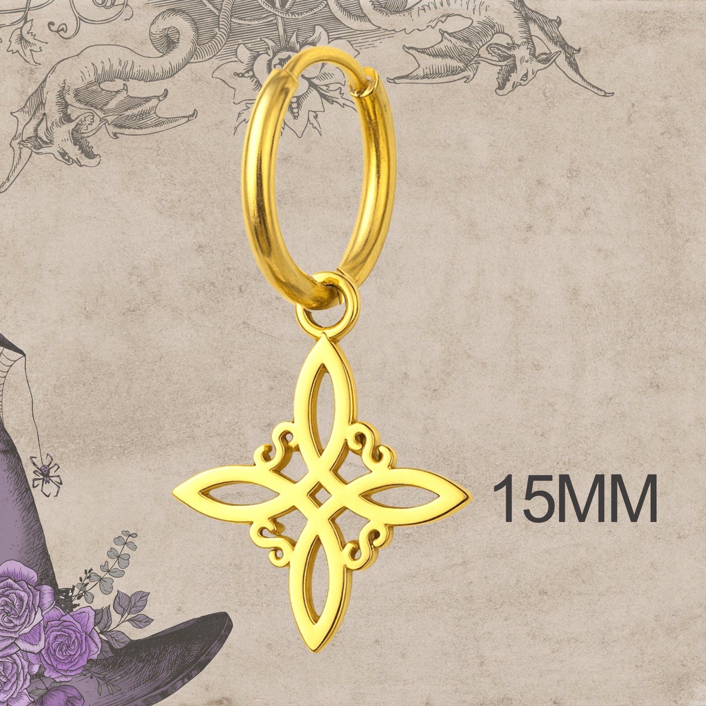 Pendientes Nudo de Bruja – Acero Inoxidable Dorado, Amuleto de Protección