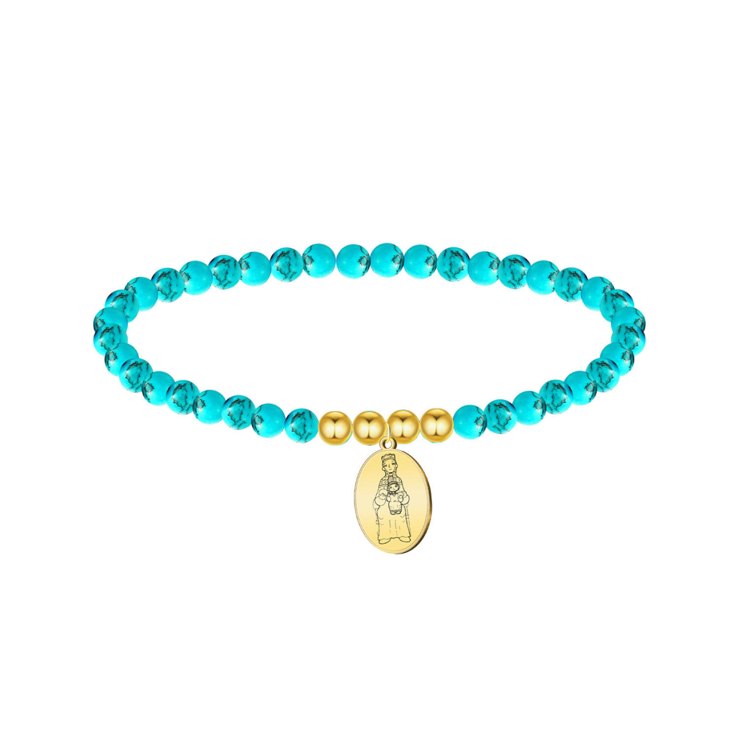Pulsera Turquesa elastico con Virgen de Montserrat Acero Dorado