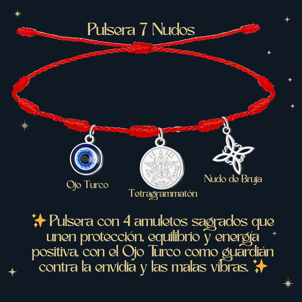 Pulsera 7 Nudos con Colgante Plateado: Tetragrammaton, Nudo de Bruja y Ojo Turco - cotigo