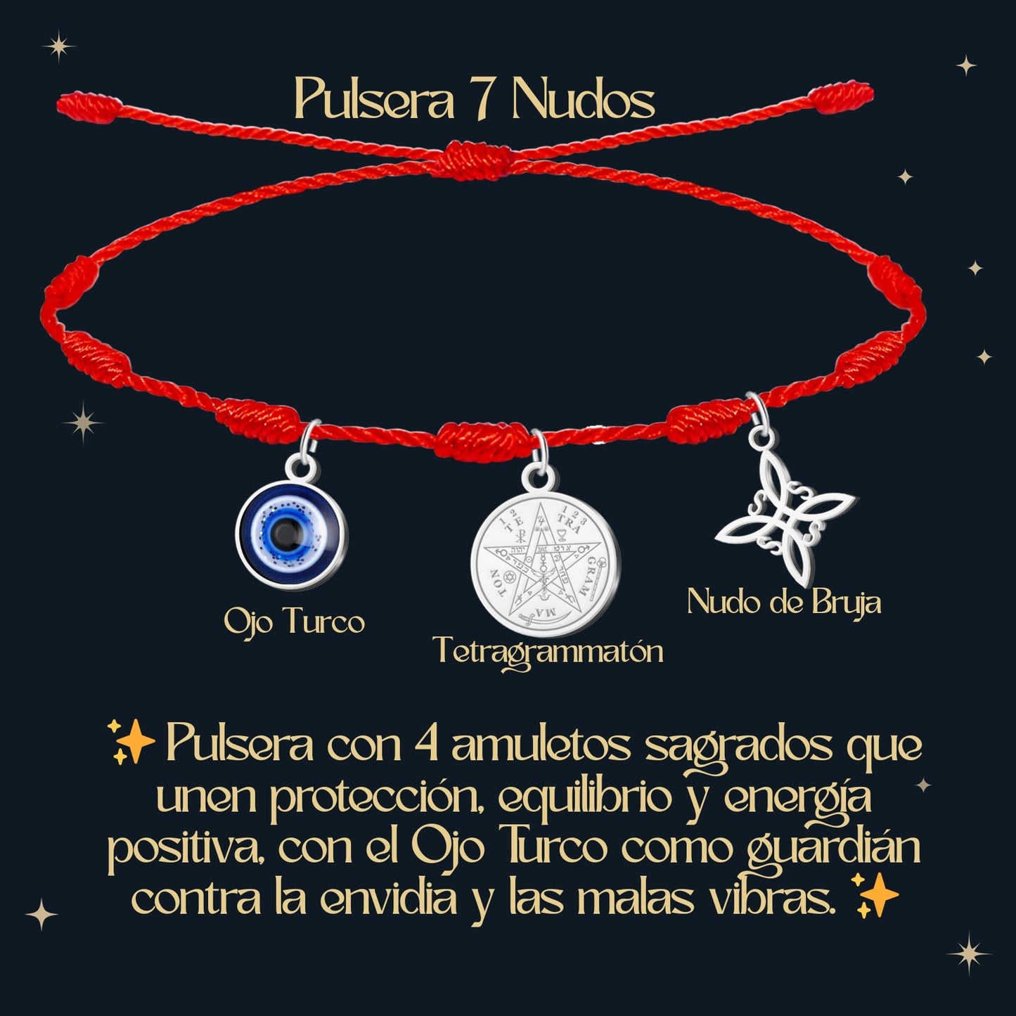 Pulsera 7 nudos con Nudo de Bruja y Tetragramatón, y Ojo Turco Plateado Acero Inoxidable