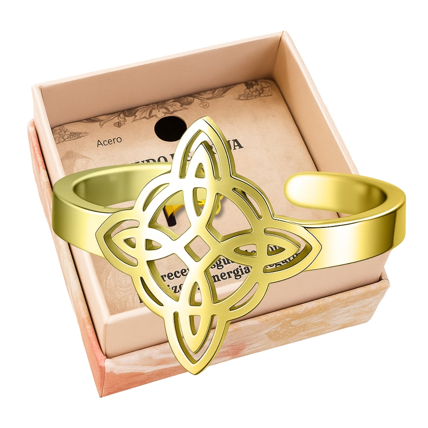 Anillo Nudo de Bruja – Acero Inoxidable Dorado, Amuleto de Protección con Caja de Regalo