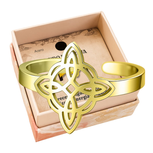 Anillo Nudo de Bruja – Acero Inoxidable Dorado, Amuleto de Protección con Caja de Regalo