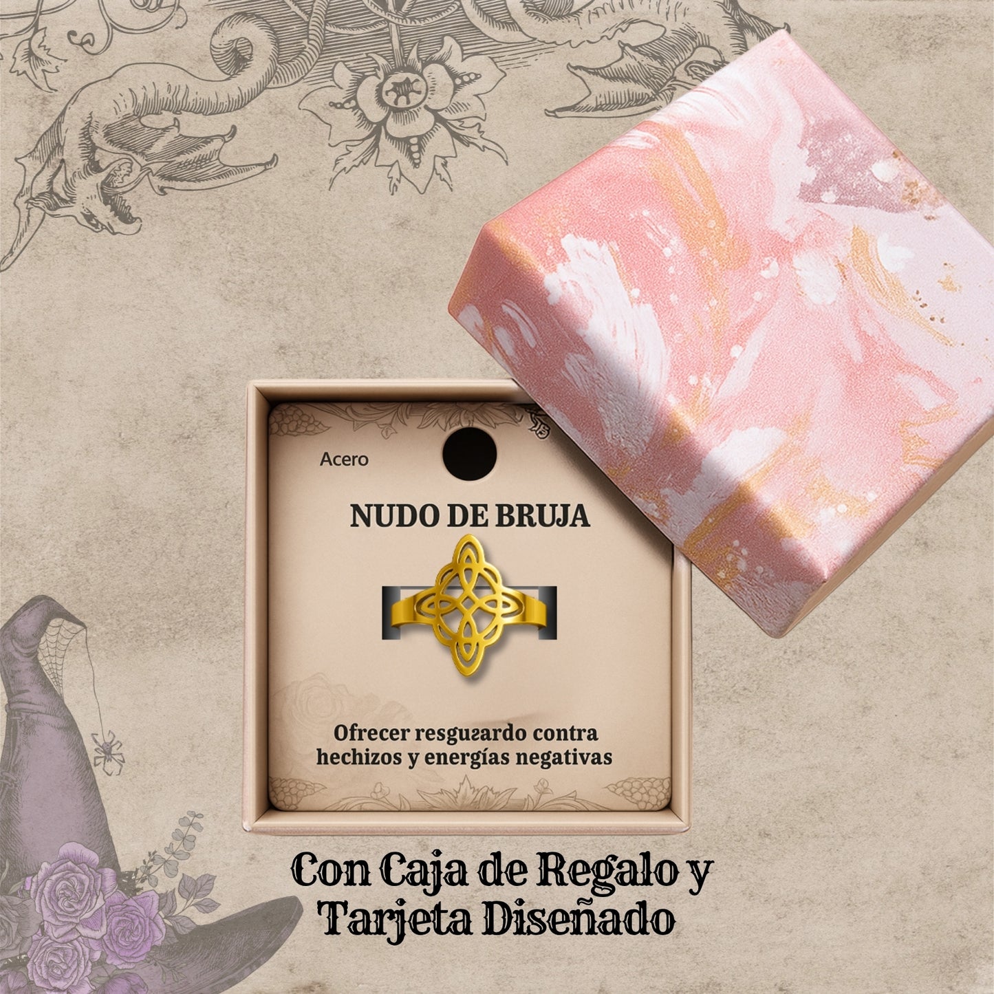 Anillo Nudo de Bruja – Acero Inoxidable Dorado, Amuleto de Protección con Caja de Regalo