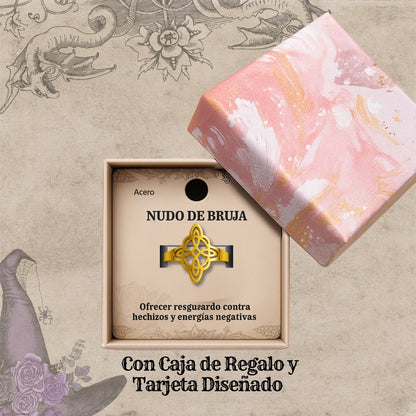 Anillo Nudo de Bruja – Acero Inoxidable Dorado, Amuleto de Protección con Caja de Regalo
