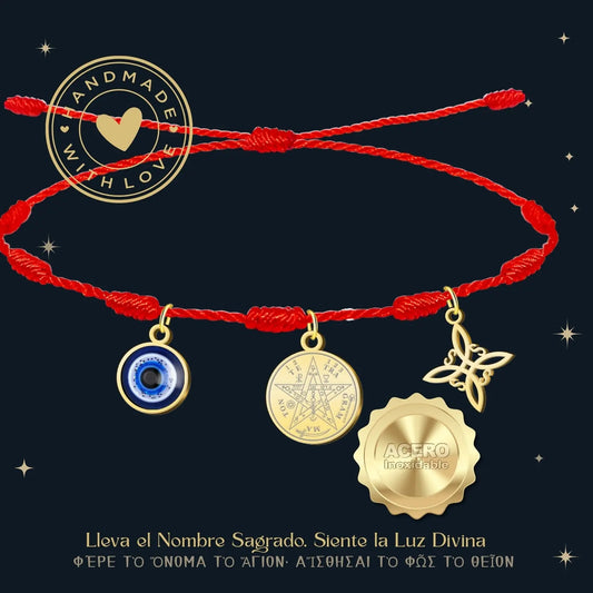 Pulsera 7 Nudos con Colgante Dorado: Tetragrammaton, Nudo de Bruja y Ojo Turco - cotigo
