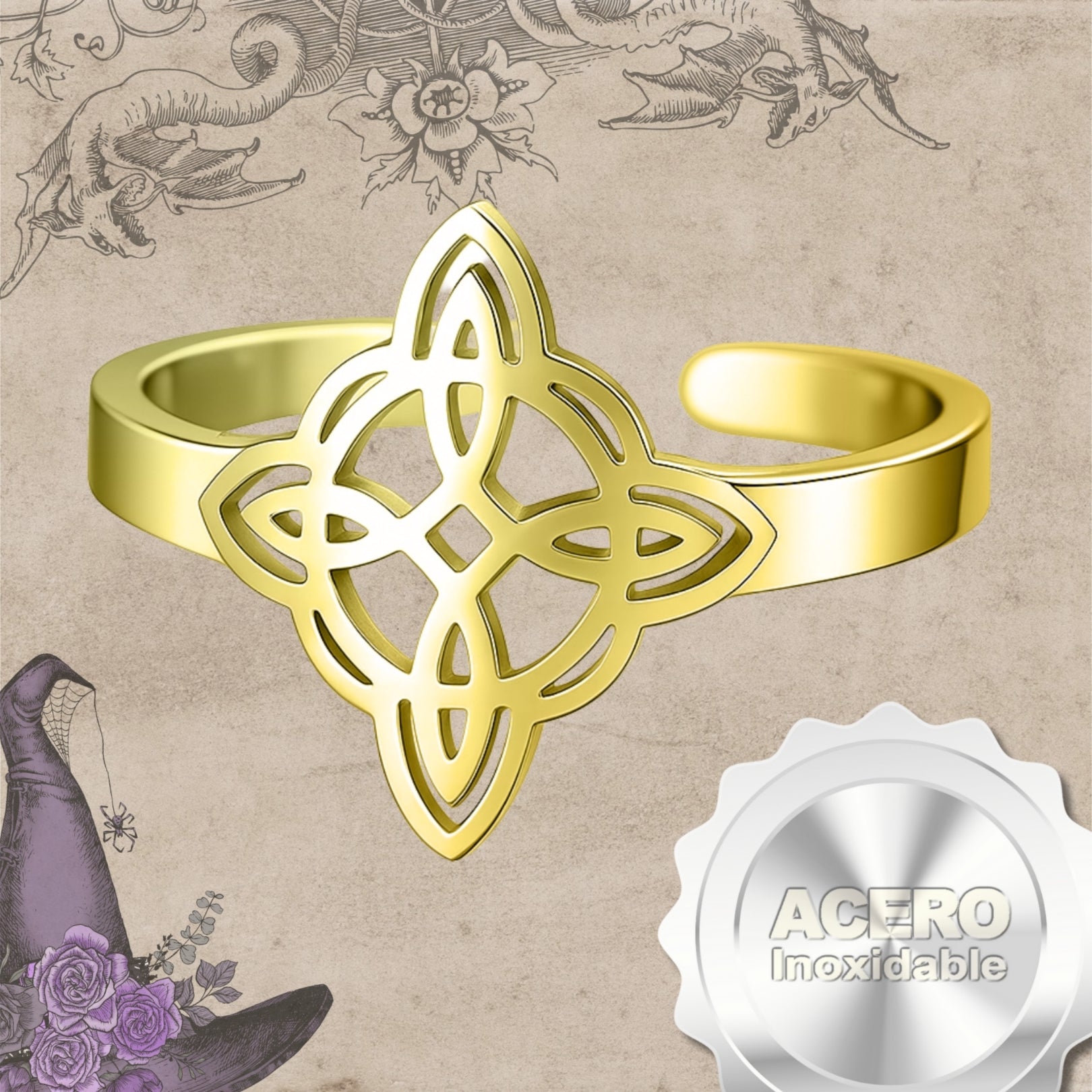 Anillo Nudo de Bruja Ajustable Acero Dorado - cotigo