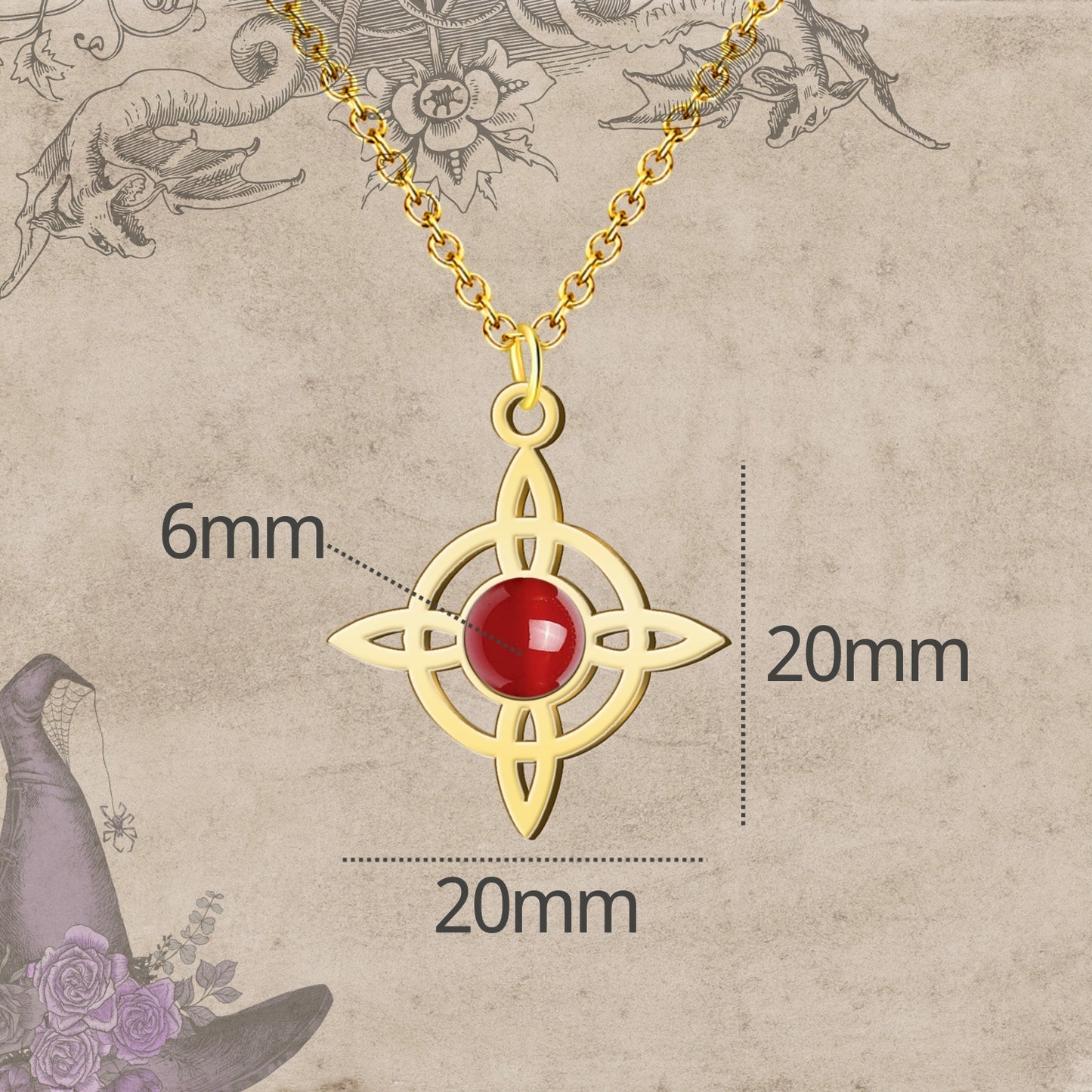 Colgante Nudo de Bruja con Carneola en Acero Dorado