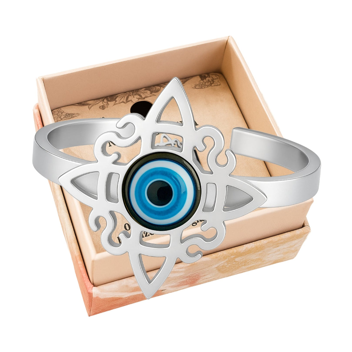 Anillo ajustable de acero plateado con diseño de Nudo de Bruja celta y amuleto central de Ojo Turco azul para protección energética.