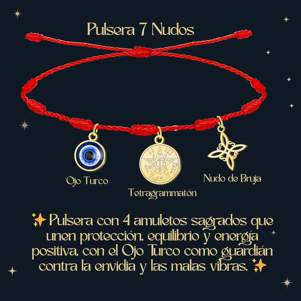 Pulsera 7 Nudos con Colgante Dorado: Tetragrammaton, Nudo de Bruja y Ojo Turco - cotigo