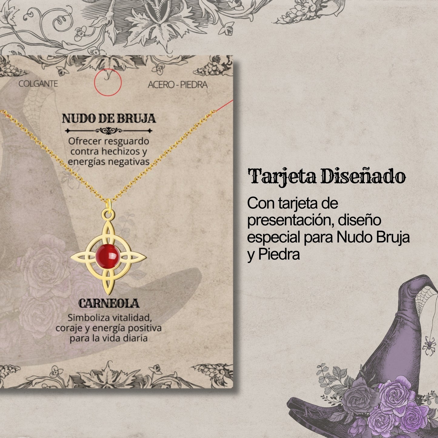 Colgante Nudo de Bruja con Carneola en Acero Dorado