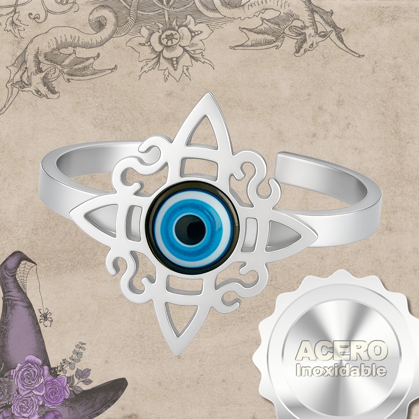 Anillo Nudo de Bruja con Ojo Turco Azul • Acero Inoxidable • Amuleto de Protección + Pulsera Roja 7 Nudos