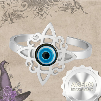 Anillo Nudo de Bruja con Ojo Turco Azul • Acero Inoxidable • Amuleto de Protección + Pulsera Roja 7 Nudos