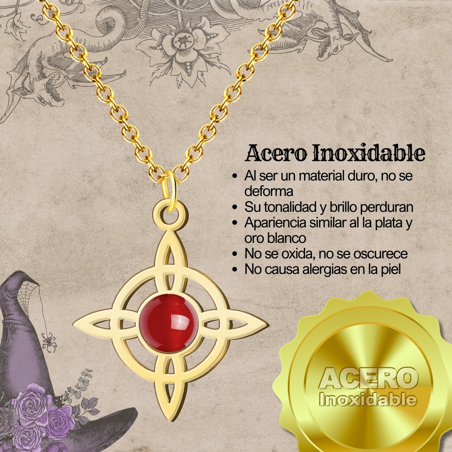 Colgante Nudo de Bruja con Carneola en Acero Dorado