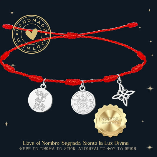 Pulsera 7 Nudos con Colgante Plateado: Tetragrammaton, Nudo de Bruja y San Miguel - cotigo