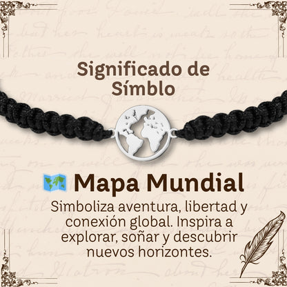 Pulsera Hilo Destino con Mapa de Mundo Acero Plateado