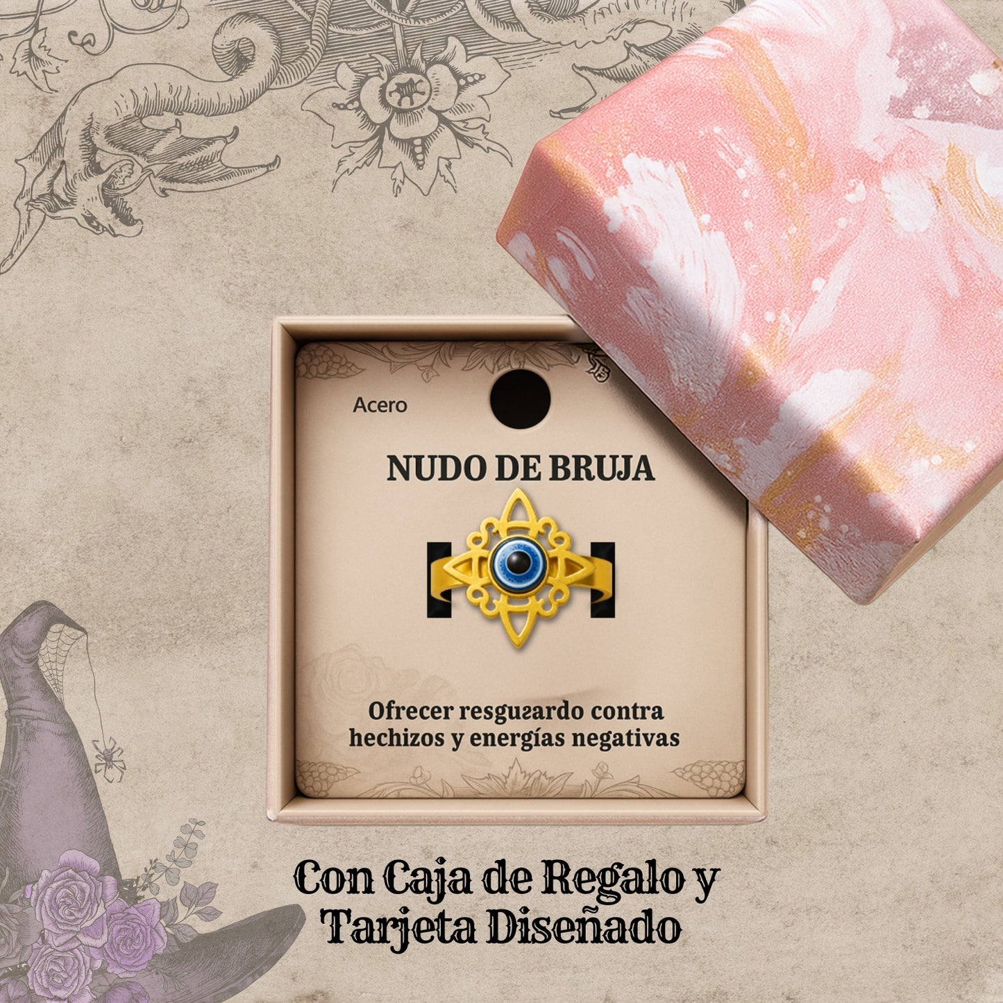 Anillo Nudo de Bruja con Ojo Turco Azul • Acero Inoxidable • Amuleto de Protección + Pulsera Roja 7 Nudos